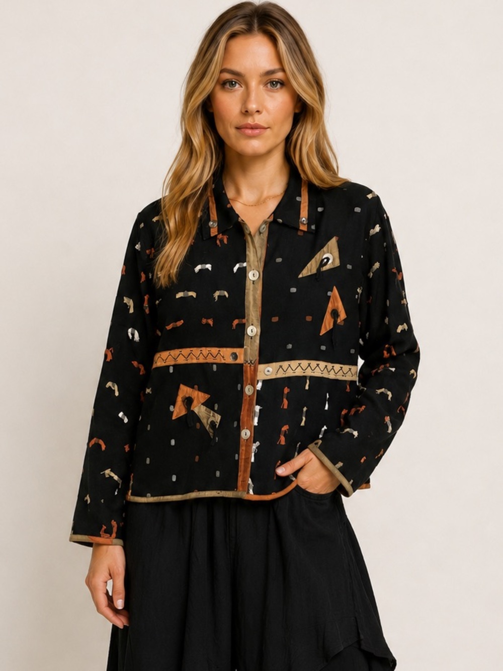 Vintage Yak Magik Blazer Jacket Nepal Black Abstract Cotton Silk Trim Boho Small